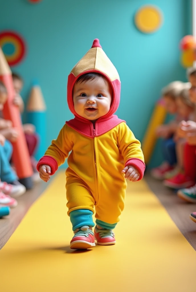 Cute baby with big head , pencil sharpener , pen cap costume , realistic ,full body fashion show