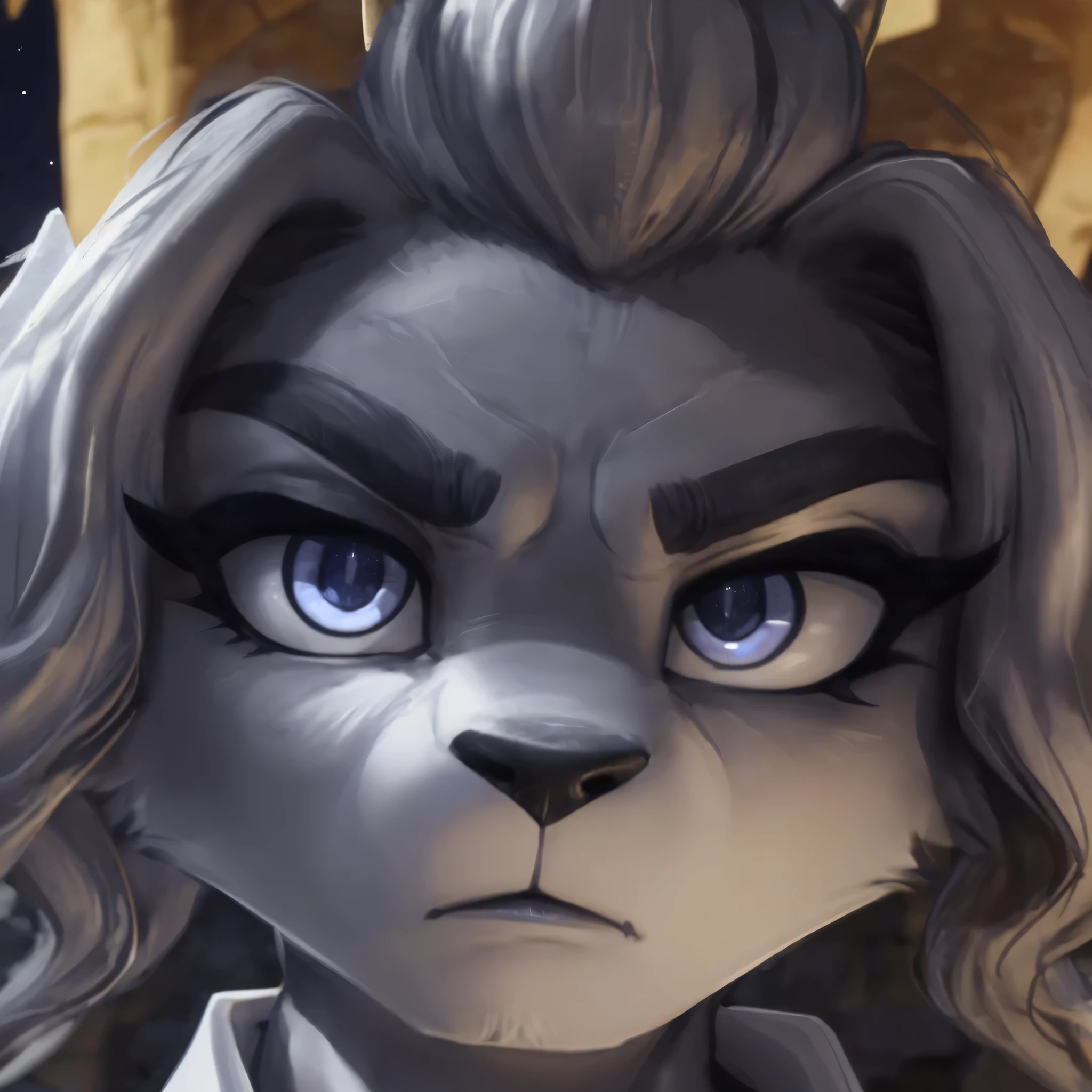 [sybil], [pseudoregalia], ((masterpiece)), ((HD)), ((high res)), ((solo portrait)), ((waist up)), ((low angle view)), ((detailed fur)), ((intricate details)), ((detailed shading)), {(anthro goat woman), (athletic figure), (grey body fur), (black nose), (long droopy ears), (braided hair), (yellow narly horns), (bushy dark grey eyebrows), (cute indigo eyes), (long grey eyelashes), (medium breasts), (curvy hips), (love handles), (beautiful legs), (angry)}, {(black sleeveless button-up vest), (gold buttons), (white capelet), (pantless)}, {(standing), (looking at viewer)}, [ambient lighting, castle ruins, nighttime, moonlight]