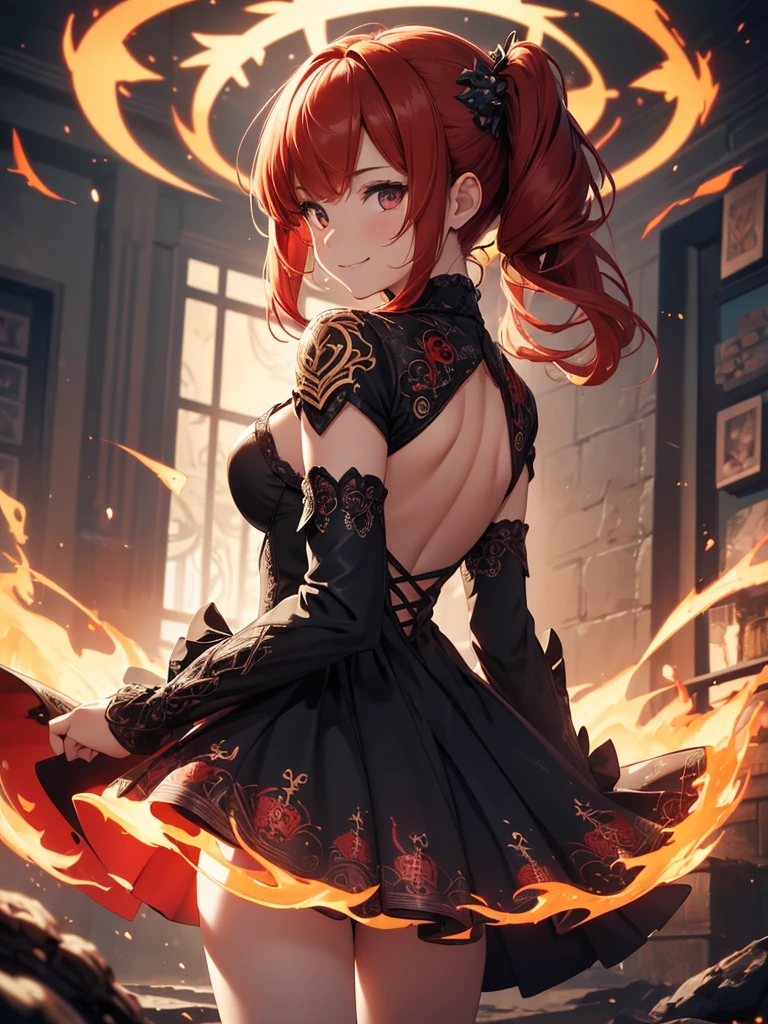 (((best quality, sharp image, clear image, cinematic lighting, 8k resolution, masterpiece, ultra detailed, intricate))) Girl, (((looking over left shoulder))), (shot from behind), ((shot from hip up)), fiery red hair, pigtails, ((intricate black dress)), ((flaming sigils, flaming runes)), spiky rock formations, (flaming lotus flowers frame), (intricate background), ((Phoenix)), (swirling flames), smiling