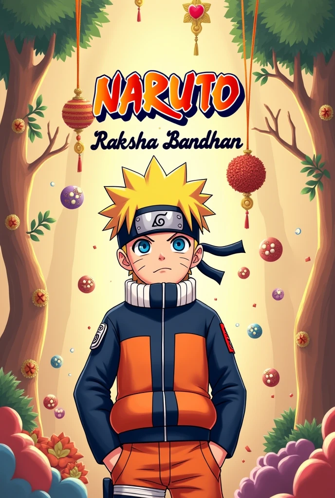 Image of word happy raksha bandhan with Naruto behind