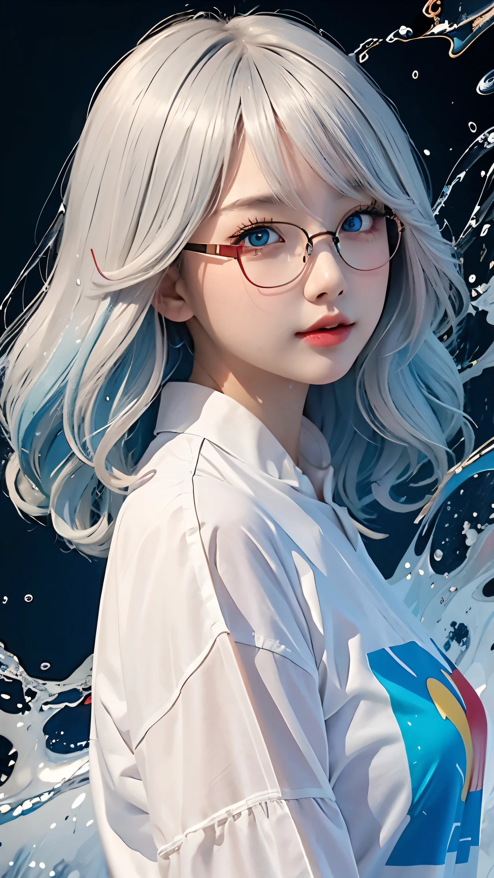 (masterpiece, best quality, high resolution), Anime style, White background, acrylic paint, ((Splash of Color, Ink splash, Splash of Color)), Sweet Chinese girl, Long Grayish blue hair, [Grayish blue|green] hair, Light blue eyes，Red half frame glasses，Super huge ，Curly hair, flash, Peach Lips, White shirt, front, Upper Body