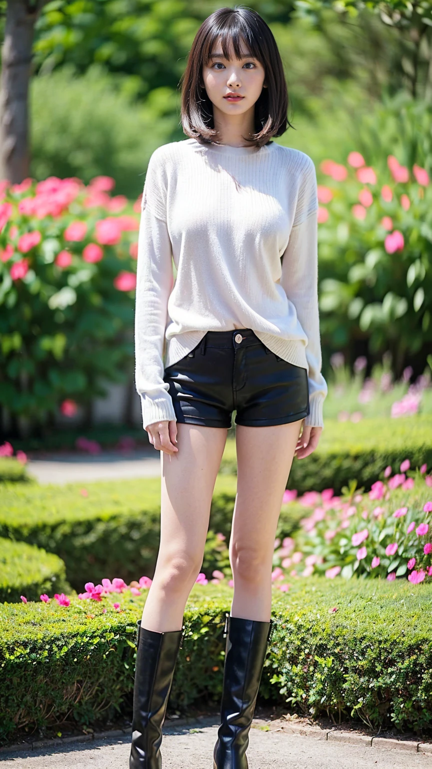 (8k、RAW Photos、Highest quality、masterpiece:1.2)、(Realistic、Realistic)、1 person、((White sweater、Black shorts、Medium Hair、garden、garden、Breast enlargement、boots、cool、Thin legs、whole body、View from the front、Looking into the camera、Stand with hands on hips))、cute