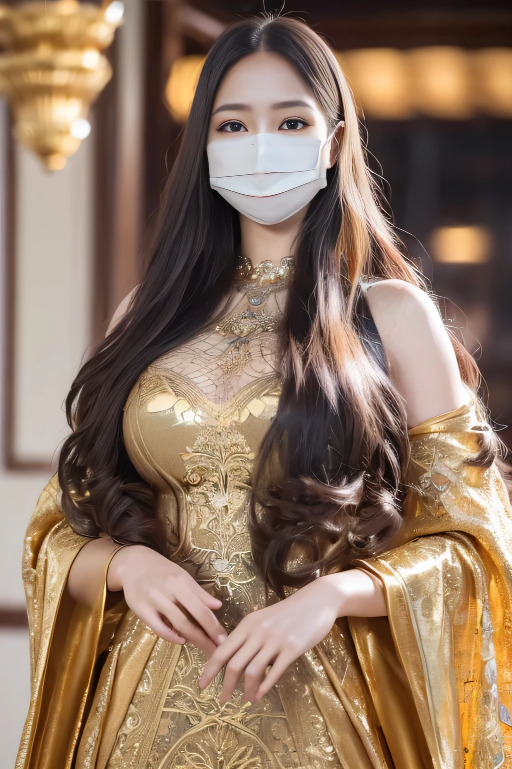 supermodel with detailed long curly frizzy flowy hair, wearing golden (translucent and intricately embroidered) (metallic surgical mesh mask) covering face, ((obscured mouth)), wearing weird future fashion,  luxurious and intricate golden accents, cinematography, intricately detailed, crafted, meticulous, magnificent, maximum details, extremely hyper aesthetic, bokeh, professional photoshoot