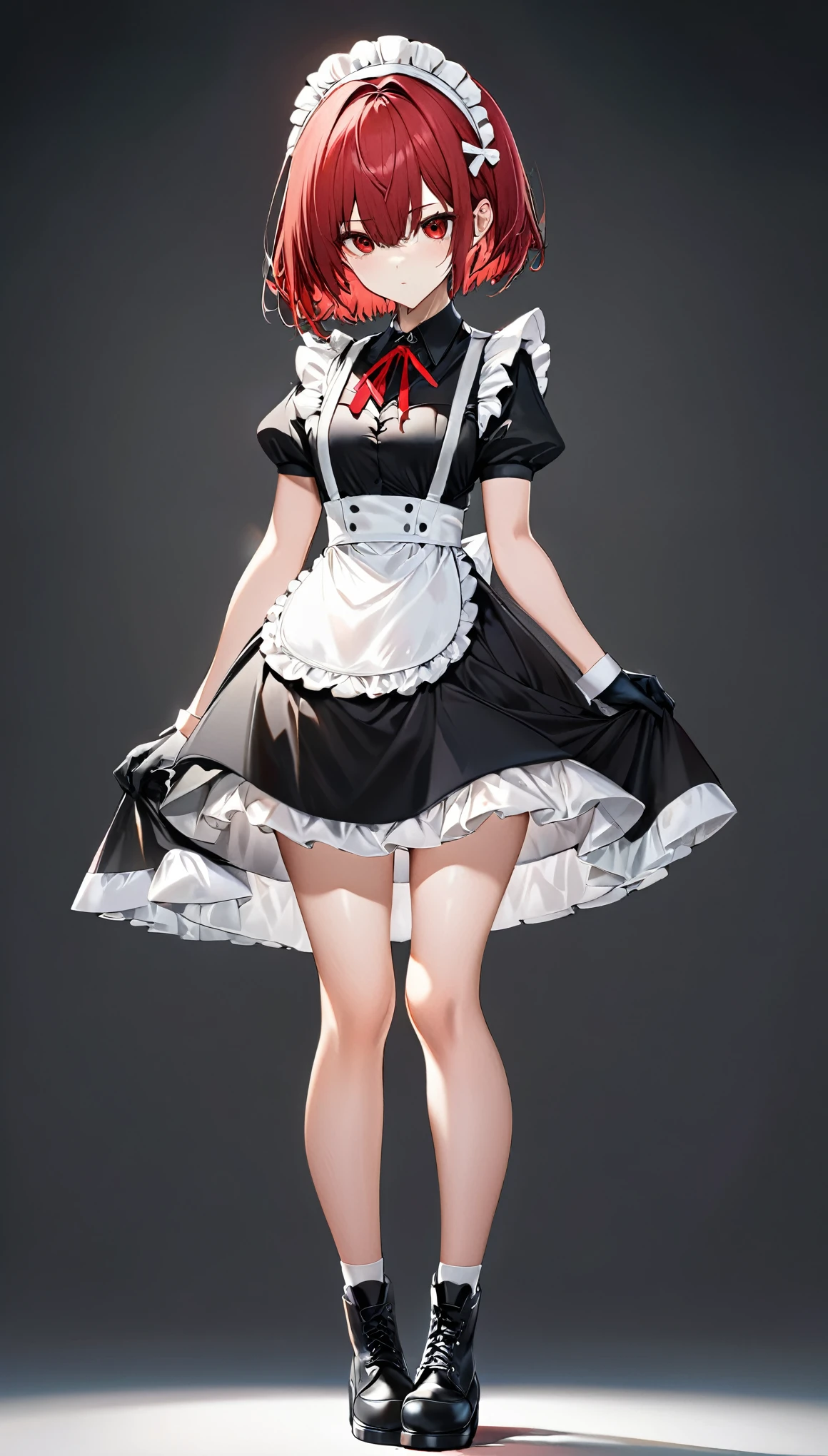 (masterpiece, Highest quality, Very detailed, Beautiful eyes Beautiful details Eyes, Clean and delicate face), alone, (Red Bob Hair, Red eyes), (Maid clothes, White maid headband, mini skirt), thigh, Black gloves, Military boots, (whole body, Standing posture, Glaring at the audience), Simple Background
