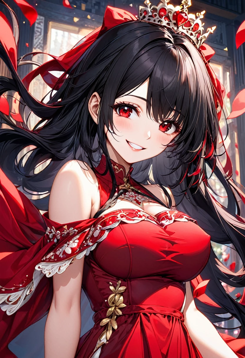 (beautiful love style) (solo:2, 18 yo), (immensely beautiful sadist girl) (immensely cool red eyes) (hime cut;1.6, beautiful black hair long hair) (beautiful smile) (glossy lip, grin mouth) (big tits), in a detailed master princess red dress, break, background white, BREAK, perfect anatomy, masterpiece, best quality, beautiful detailed 8-bit pixel, daydreaming expression.