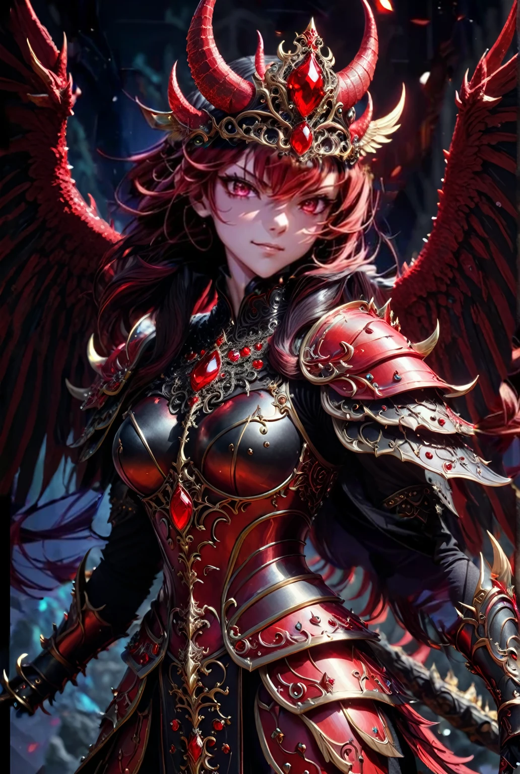 A demon with red wings, wearing a black and red armor. She wears a black crown with red gemstones. Very detailed details, 4k bright colors.