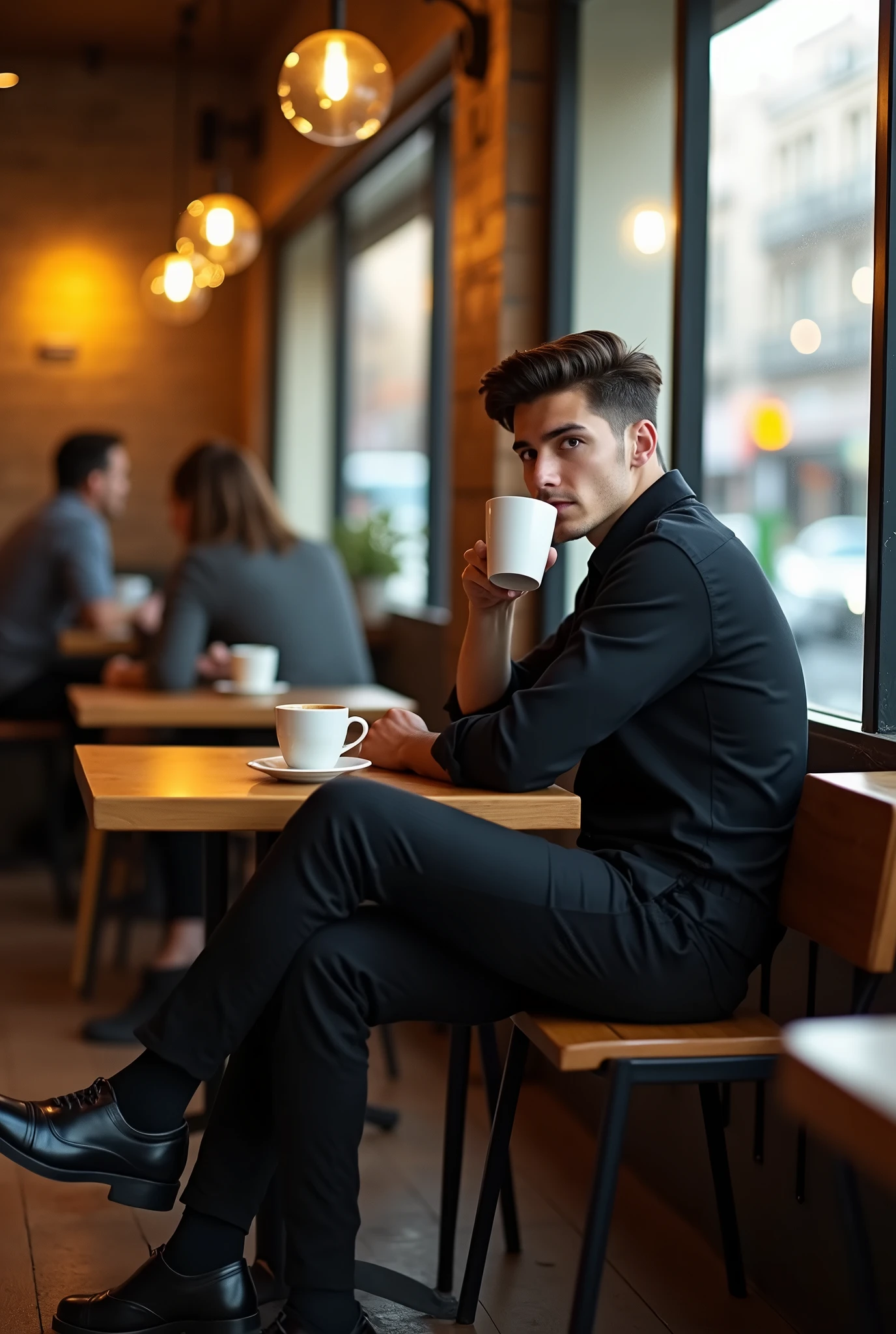 a 21 years old drinking coffee in a coffee shop wearing black shoes and black shirt with eyeglass