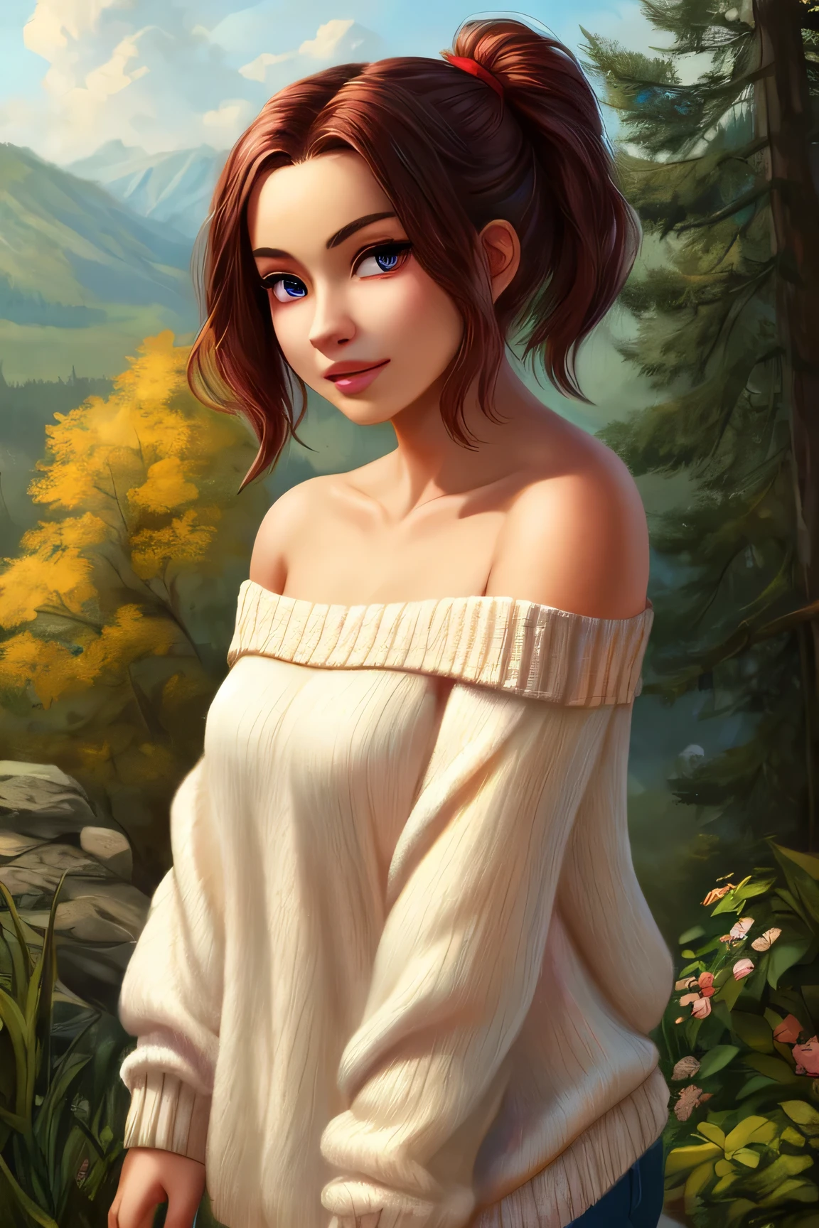 ((best quality)), ((masterpiece)), (detailed), 1girl, off-shoulder sweater,