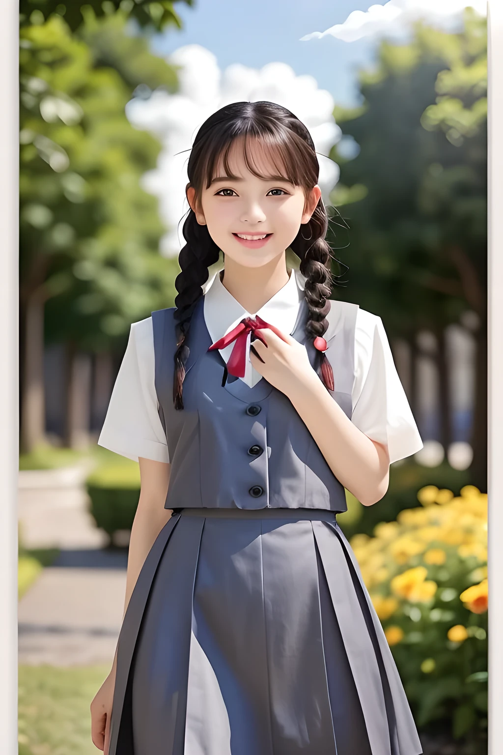 (highest quality, masterpiece, high resolution:1.2), 4K, (Photo quality detailed face: 1.2), (Giorgione painting style: 0.8), geometry, (16 yo cute girly Japanese girl: 1.0), Laughing cutely, (neat girly white short-sleeves school blouse: 1.0), (puffed short sleeves: 1.0), (Dark red glossy school ribbon on the breast: 1.0), (Gray Japanese school girly vest Uniform: 1.2), (Extremely laughing cheeks: 1.0), (Beautiful light-amber cute-dolly large clear eyes with detailed cutely: 1.4), (Long bottom eyelashes: 1.2), (Expressing the greatest joy with her whole body: 1.2), (Glossy lips: 1.0), (braids under her ears: 1.3), (cute earrings), (kidnapping me into the heaven as a goddess: 1.6), (white and clear skin: 1.0), (Laughing **** cute princess's eyes: 0.6), (Placing her beautiful white hands together like praying: 0.9), (Full-body shot in heaven: 1.2)