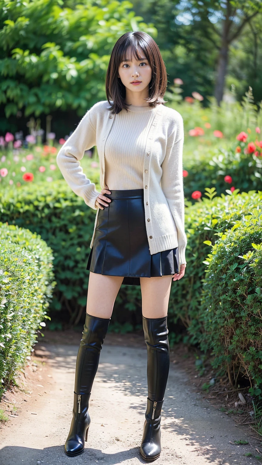 (8k、RAW Photos、Highest quality、masterpiece:1.2)、(Realistic、Realistic)、1 person、((sweater、Black Mini Skirt、Medium Hair、garden、garden、Breast enlargement、boots、cool、Thin legs、whole body、View from the front、Looking into the camera、Stand with hands on hips))、cute