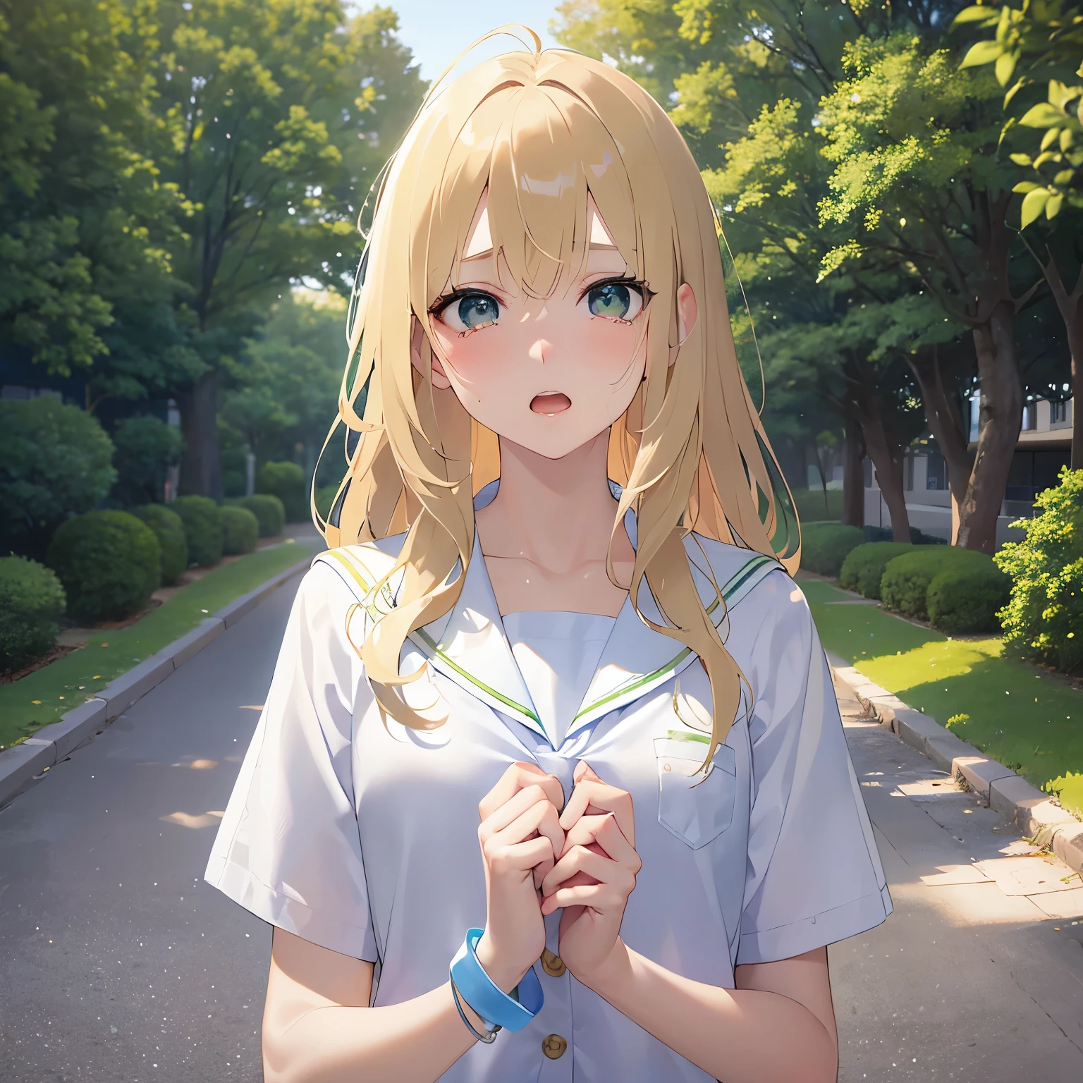 Biologically correct five fingers、Upper Body, Realistic, real person, (pale skin: 1.2), RAW photo, photorealistic, shiny skin, shiny hair、 (A 15-year-old female with medium length hair and bangs) and (wavy hair) and (Blonde Hair) and (green eyes), BREAK sailor suit, white collar, white shirts,red ribbon BREAK、(tears:1.1), (sad:1.2), open mouth, The background is a park、(alone:1.5)