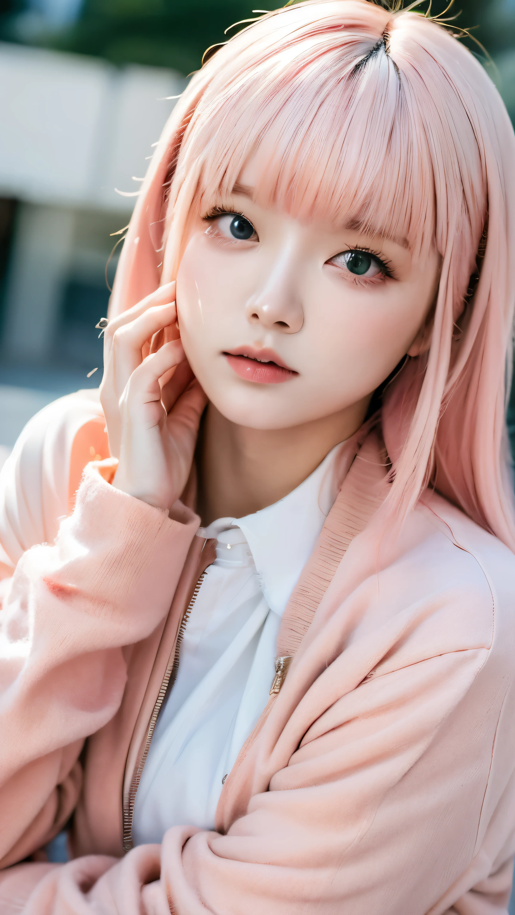 Cool Girl, RAW photos, Shay Portrait, (Pink Hair) , Goto, Hair accessories, cube Hair accessories, sport jacket , (HD Skin:1.2), 8K Ultra HD, Digital SLR Camera, Soft lighting, high quality, Film Grain, Fuji XT3