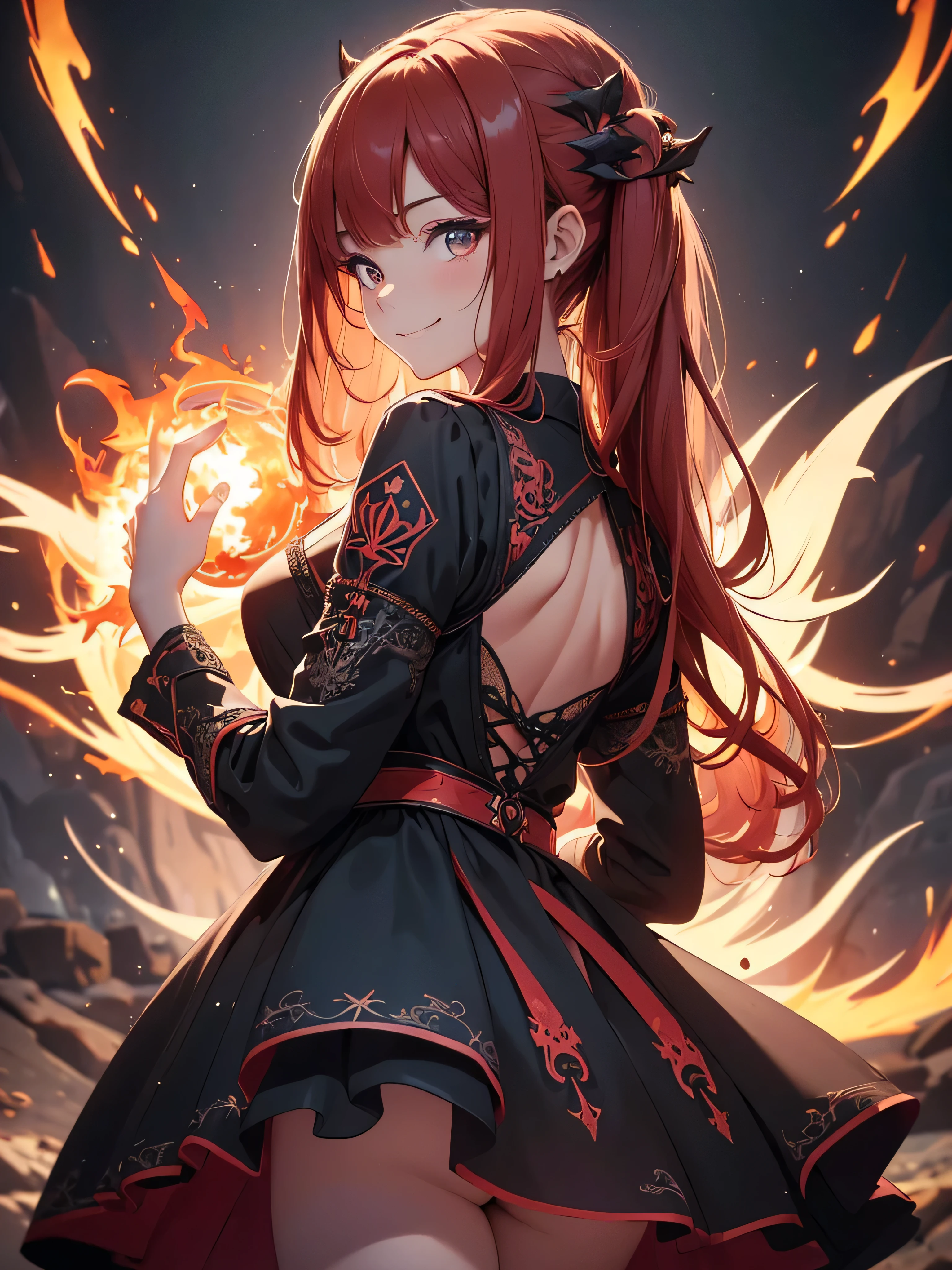 (((best quality, sharp image, clear image, cinematic lighting, 8k resolution, masterpiece, ultra detailed, intricate))) Girl, (((looking over left shoulder))), (shot from behind), ((shot from hip up)), fiery red hair, pigtails, ((intricate black dress)), ((flaming sigils, flaming runes)), spiky rock formations, (flaming lotus flowers frame), (intricate background), ((Phoenix)), (swirling flames), smiling