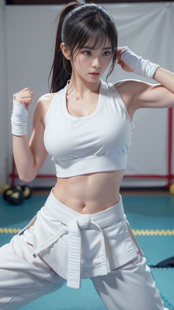 (Sports bra visible)、(((Sexy Karate Singlet)))、Female karateka with bangs and a ponytail、The navel and under the chest are visible、Glowing Skin、((Embarrassed face))、((Turning away))、((Look to the side))、((blush))、(Watery eye)、cry、(((Karate Dojo)))、((Delicate painting))，(Masterpiece detailed RAW photos:1.25), (Highest quality:1.6), (Ultra-high resolution:1.5), (Realistic:1.75), 8k resolution, Canon EOS R5, 50mm, Absurd, Very detailed,Cinema Lighting、((Sporty pants are visible))、(((Take off your pants))),spirit,jump,game,Serious,