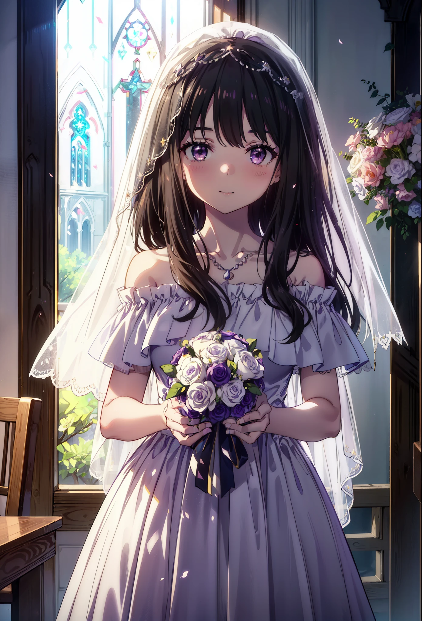 Takiuchikami, Long Hair, bangs, Black Hair, (Purple eyes:1.2),Veil,Off-the-shoulder white wedding dress,necklace,Veil,White Wedding Long Skirt,holding a bouquet of flowers in both hands,smile,blush,It's like being completely immersed in an illustration.,Daytime,sunny,
break indoors, Chapel,church,
break looking at viewer, Upper Body,(Cowboy Shot:1.5),
break (masterpiece:1.2), Highest quality, High resolution, unity 8k wallpaper, (shape:0.8), (Beautiful attention to detail:1.6), Highly detailed face, Perfect lighting, Highly detailed CG, (Perfect hands, Perfect Anatomy),