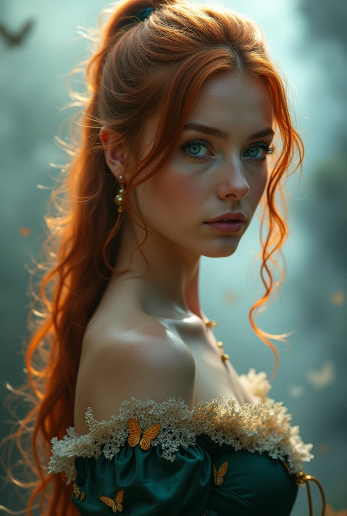 (solo, full body photo:1.3), (action packed:1.3), (haze, fog, mist:1.3), chiaroscuro, best quality, photorealistic, 1woman, (cute), (24yo:1.2), redhead, long ginger hair highly detailed, 1700'S, digital photography, art by artgerm and ruan jia and greg rutkowski surreal painting gold butterfly filigree, broken glass, (masterpiece, sidelighting, finely detailed Fashionable eyes: 1.2) (perfect oval large eyes that gazes at the viewer), beautiful detailed face, blue gorgeous perfect eyes, (blonde hair ponytail), (attractive young woman:1.3), (thick amazing hair), (seductive:1.1), (blushing:1.1)