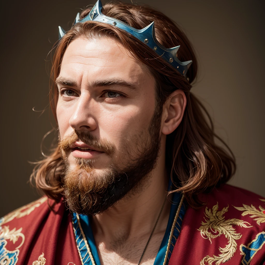 Arafed man with a blue crown and robe, red-haired and graying medieval king, red-haired beard, thinning beard, age 50 years, short hair, portrait of emperor of humanity, highly detailed character, painted in high resolution.