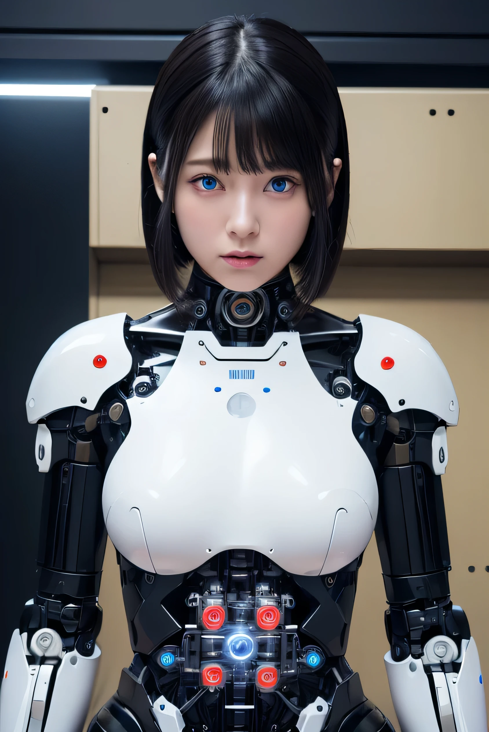 masterpiece, best quality, extremely detailed, 8K portrait,1girl in, Japaese android girl,android teacher,Plump , control panels,android,Droid,Mechanical Hand, ,Robot arms and legs, Black hair,Mechanical body,Blunt bangs,White Robotics Parts,perfect robot woman,Charging spot,perfect mechanical body,white robotics body,android assembly plant,white body,She has repaired,black sponge joints,android,laboratory,perfect machine body,white robot body,blue eyes,(Glowing Eyes Meme:1.2)