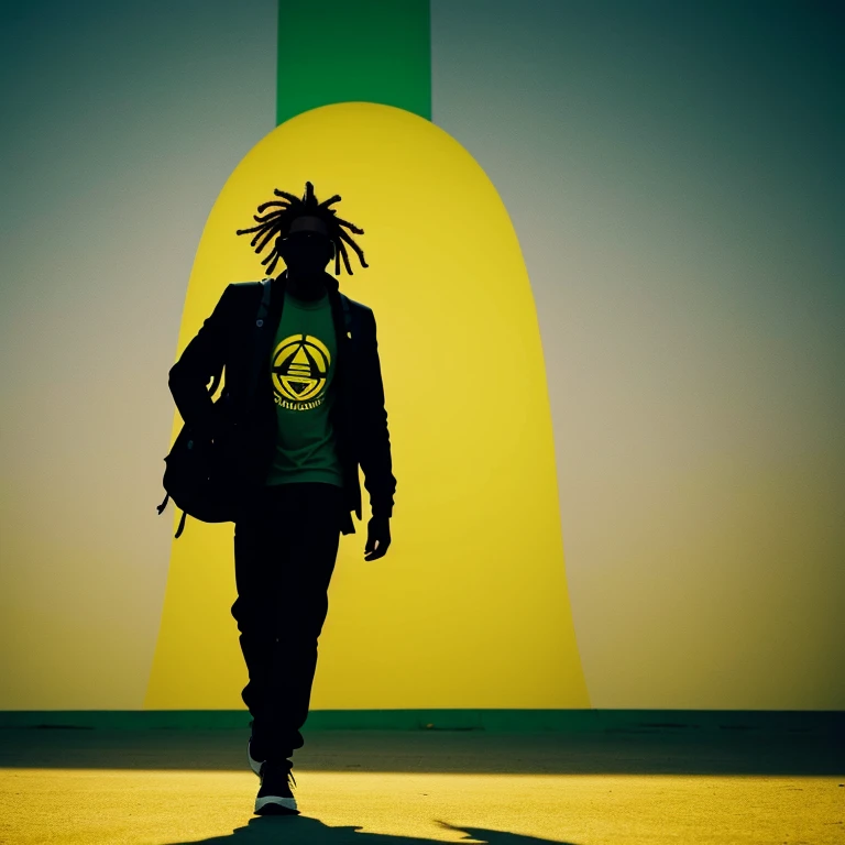 Black man with dreadlocks silhouette,walking and traveling,anonymous face,logo, green and yellow background colors