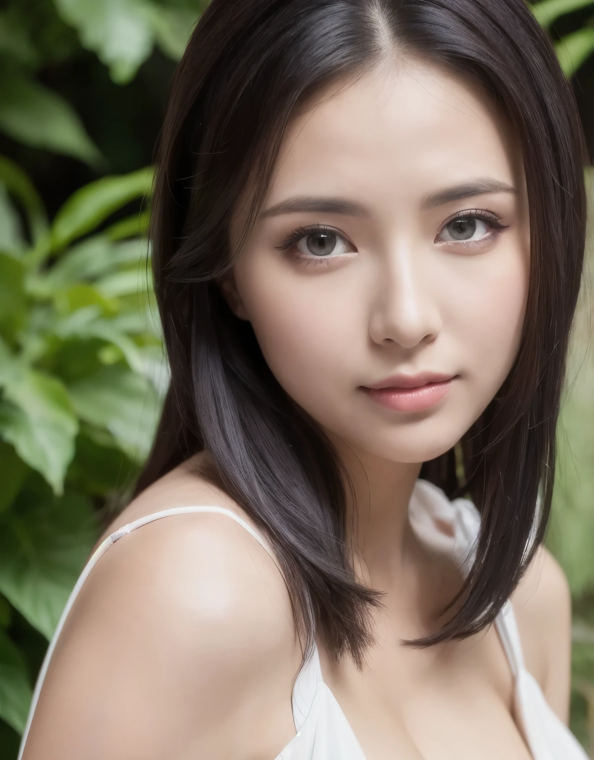 (Highest quality,Realistic:1.37),(High resolution,Very detailed),(Portraiture:1.1),,garden,,Gray Hair,Black Hair,Multi-coloured hair,Iris,x-shaped pupils,White Dress,Emphasis on face
