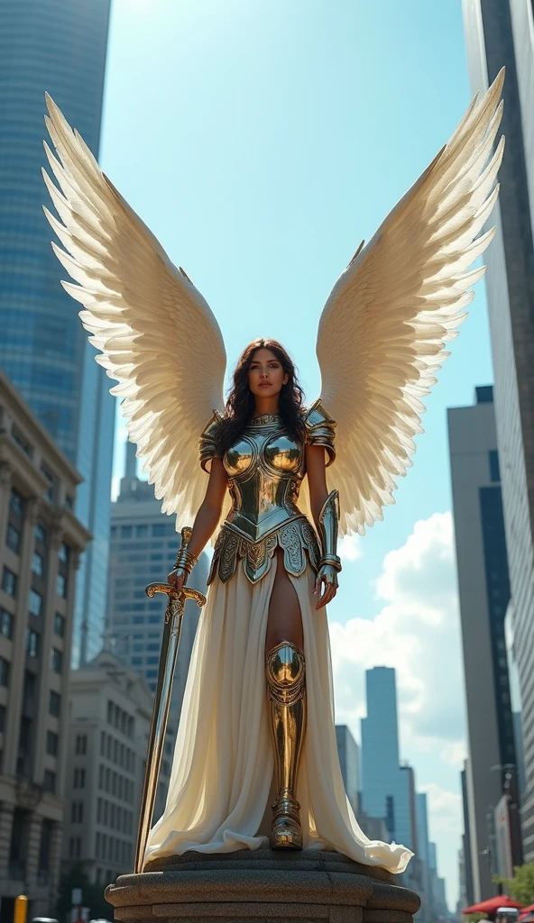 A beautiful female angel standing in the modern city of Tokyo, whole body, Wearing ancient Greek armor made of iron, Holding a sword in his hand, Daytime, whole body