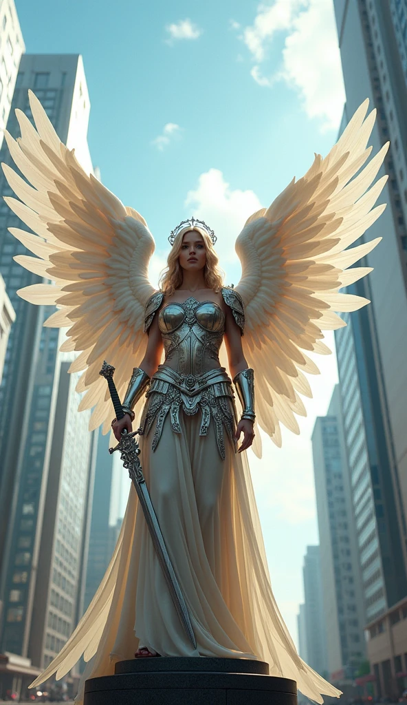 A beautiful female angel standing in the modern city of Tokyo, whole body, Wearing ancient Greek armor made of iron, Holding a sword in his hand, Daytime, whole body
