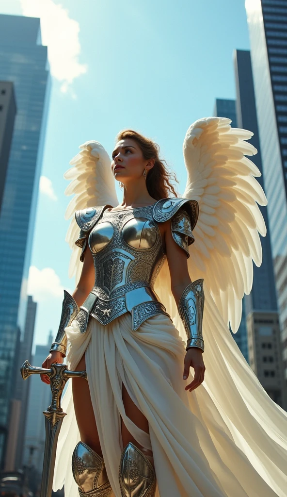 A beautiful female angel standing in the modern city of Tokyo, whole body, Wearing ancient Greek armor made of iron, Holding a sword in his hand, Daytime, whole body