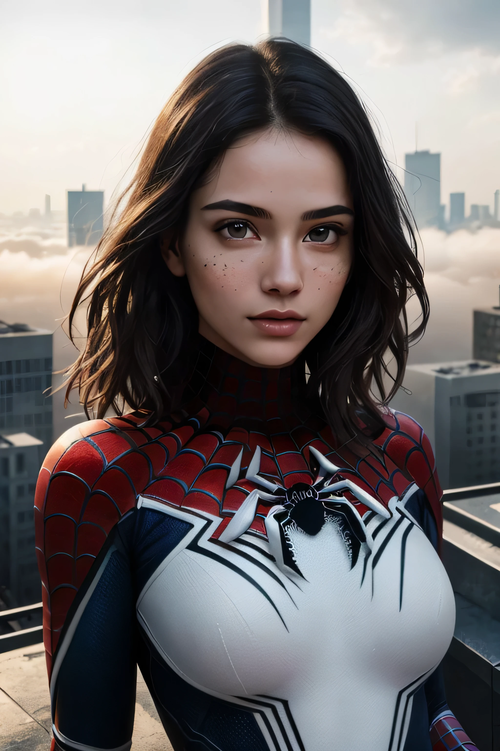 (1girl:1.3), Solo, (((Very detailed face)))), ((Very detailed eyes and face)))), Beautiful detail eyes, Body parts__, Official art, Unified 8k wallpaper, Super detailed, beautiful and beautiful, beautiful, masterpiece, best quality, original, masterpiece, super fine photo, best quality, super high resolution, realistic realism, sunlight, full body portrait, amazing beauty, dynamic pose, delicate face, vibrant eyes, (from the front), She wears Spider-Man suit, red and black color scheme, spider, very detailed city roof background, rooftop, overlooking the city, detailed face, detailed complex busy background, messy, gorgeous, milky white, highly detailed skin, realistic skin details, visible pores, clear focus, volumetric fog, 8k uhd, DSLR, high quality, film grain, fair skin, photo realism, lomography, futuristic dystopian megalopolis, translucent, whole body picture 