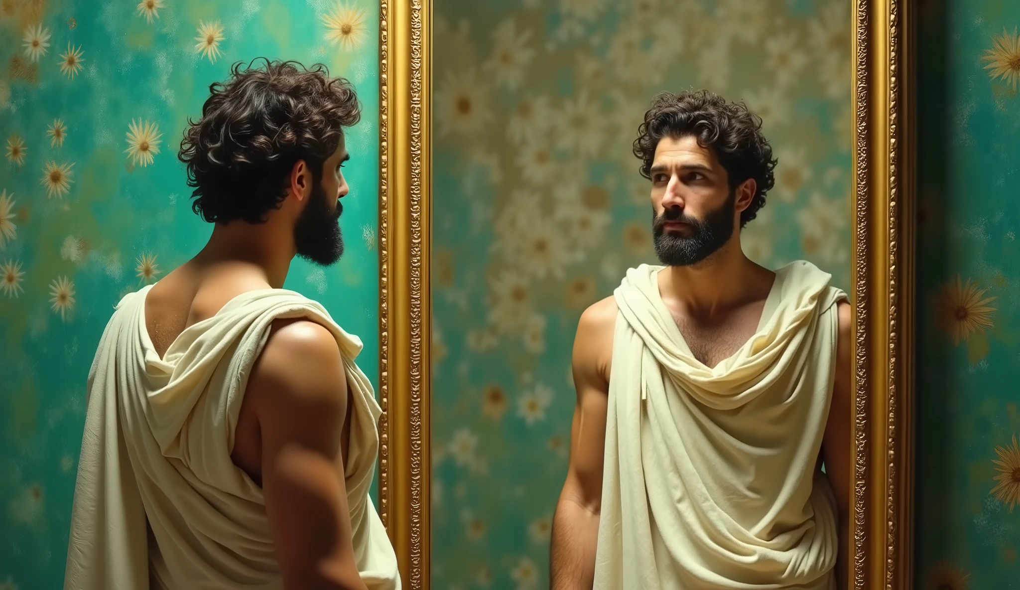 A Stoic philosopher, with a well-proportioned physique and a contemplative expression, stands before a mirror in a vibrant, impressionist landscape. He is wearing classic, slightly transparent, light-colored tunics. His reflection in the mirror, however, shows him wearing dark, somber clothing, highlighting his internal struggle and darker side. Use dramatic lighting and subtle background textures. Focus on the contrast between the philosopher and his reflection. Impressionistic style with realistic details on the figures.