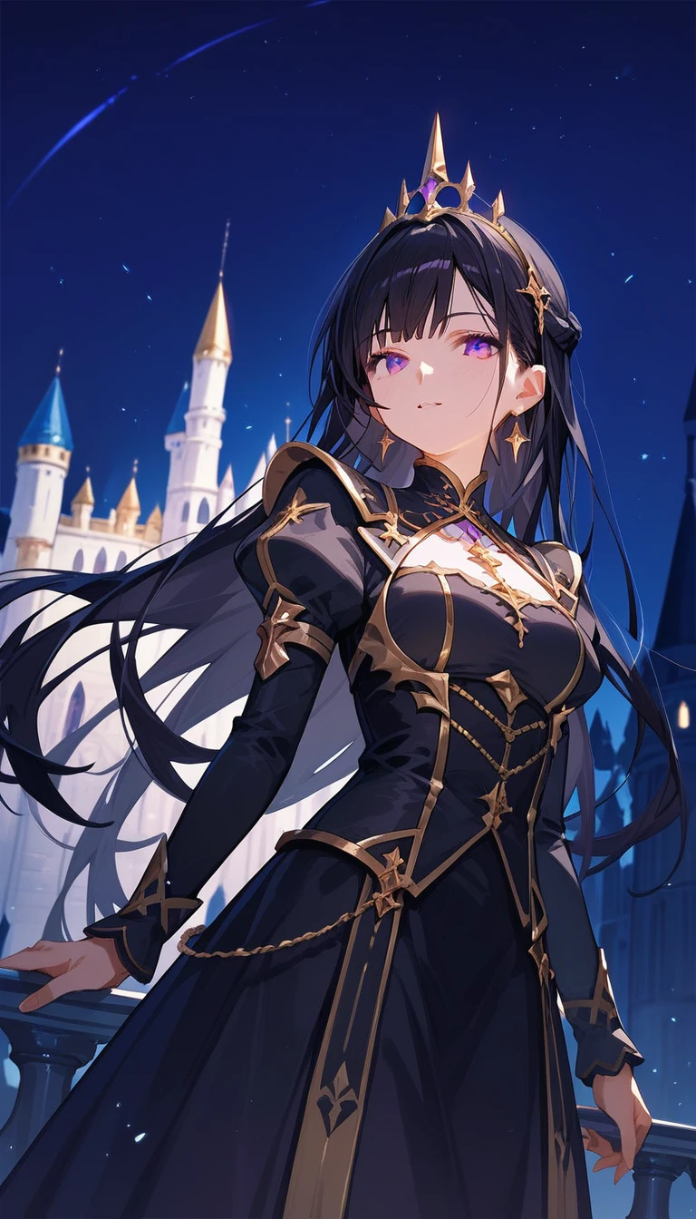 (best quality),female,solo,purple eyes,black dress,gold trim,black hair,night,in castle,score_9, score_8_up, score_7_up, source_anime