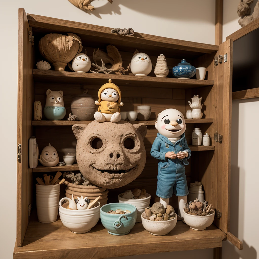 Put all the surrounding cabinets with artifacts, clay pots, pottery bowls, driftwood, a diver in the deep sea holding the artifacts upstream, cute digital paintings, cartoon characters, cute 3D renderings, clay characters, clay animations, cute detailed digital art, 3D characters  