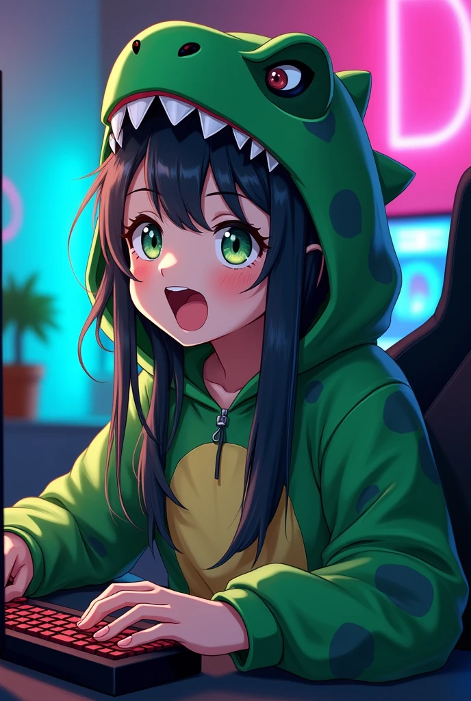 I'm a gamer girl in a dinosaur costume, like a T-Rex, but very cute, in a chair and an excited expression. I'm in front of a PC, typing with excitement, and talking to you about the latest games or study tips, while I do some dinosaur dances. with approximately 17 or 18 years of long hair and breasts. with an anime feel.