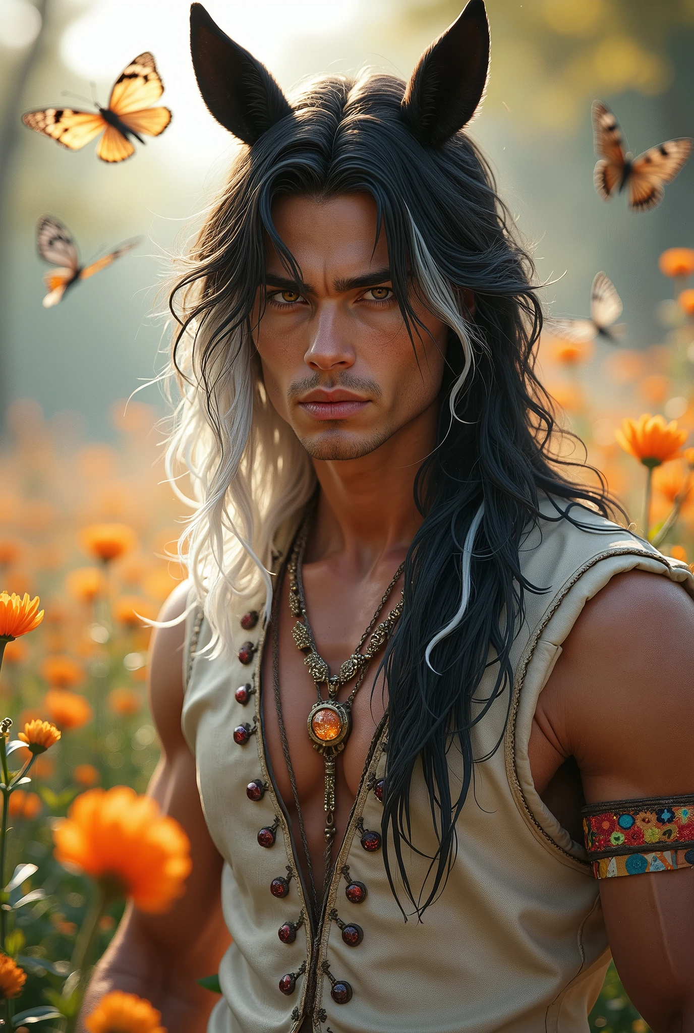 Full body portrait of a young muscular man with horse ears and black and light white hair covering the ear and a light leather dress with decorations, dark brown eyes, in her hair he wears many colorful, bright colors, detailed eyes, delicate facial features, confident look, long black and white hair, Soft lighting, in the background is a field of flowers with some trees and bright colorful butterflies surrounding it, best quality, 4K, high resolution, ultra detailed, realistic,