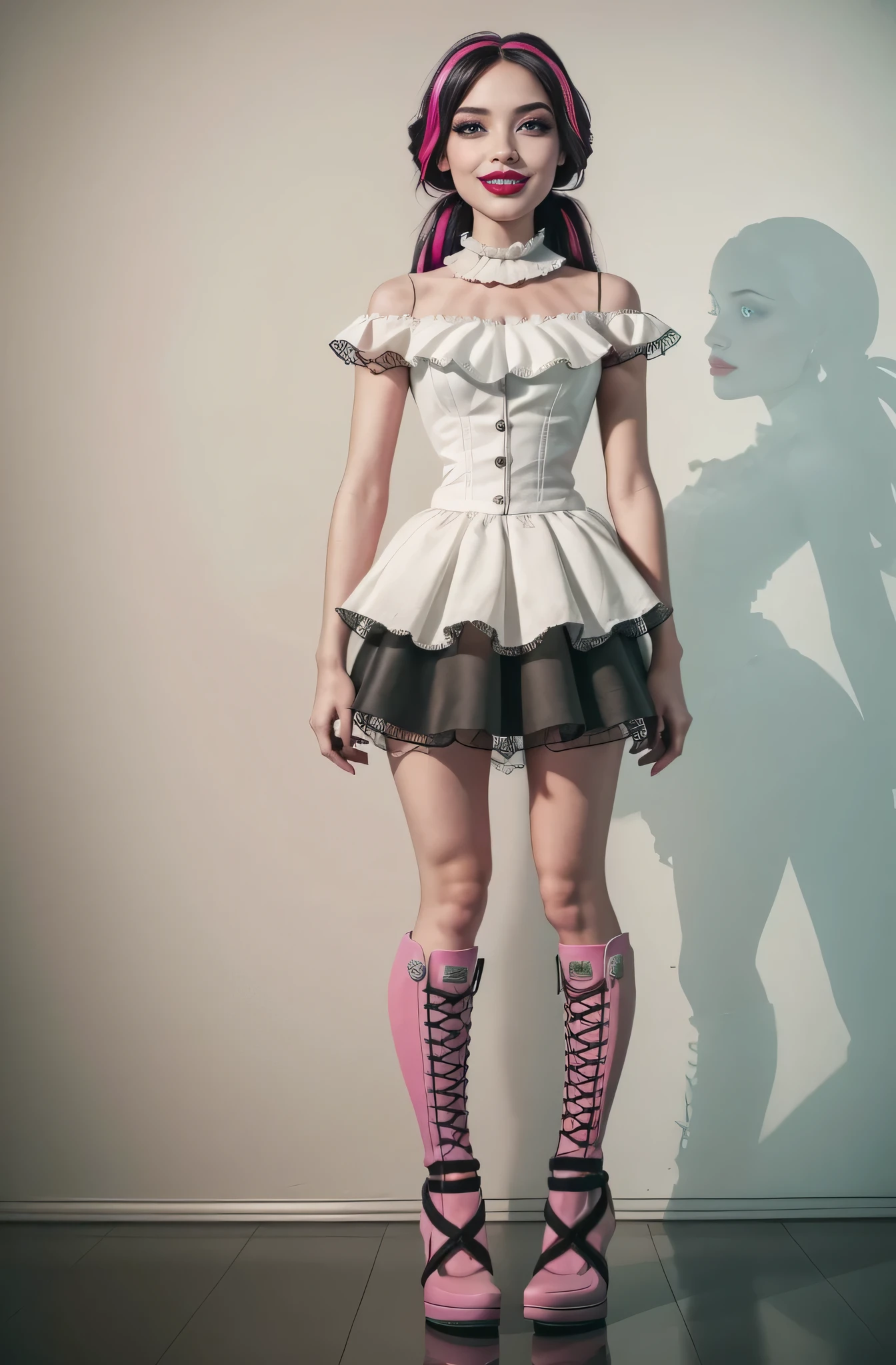 ((high quality)), ((Work of art)), (more detail), 1girl, succubus, centered, a girl with a bat wings, award winning upper body portrait, cowboy shot, Draculaura_MH, solo, black half hair, pink half hair, multicolored hair, long hair, white skirt, pink knee boots, smiling, seat on the throne, gothic style, gothic scenery, black lanterns, dark red roses, depth of field, cinematic composition, half black hair, half soft pink hair, wave hair, coffin, roses, smile, vampire fangs, gothic dress, bat wings, white dress, white dress with transparency, pink laces, white gloves, white high socks, pink high hills boots, bat jewelry, jewelry, seat on the grass, dark red roses on focus, Draculaura_(monster high), Monster High, looking at the viewer, more details on the clothes, Realism, UHD, retina, masterpiece, accurate, anatomically correct, textured skin, super detail, high details, high quality, award winning, best quality, highres, 1080P