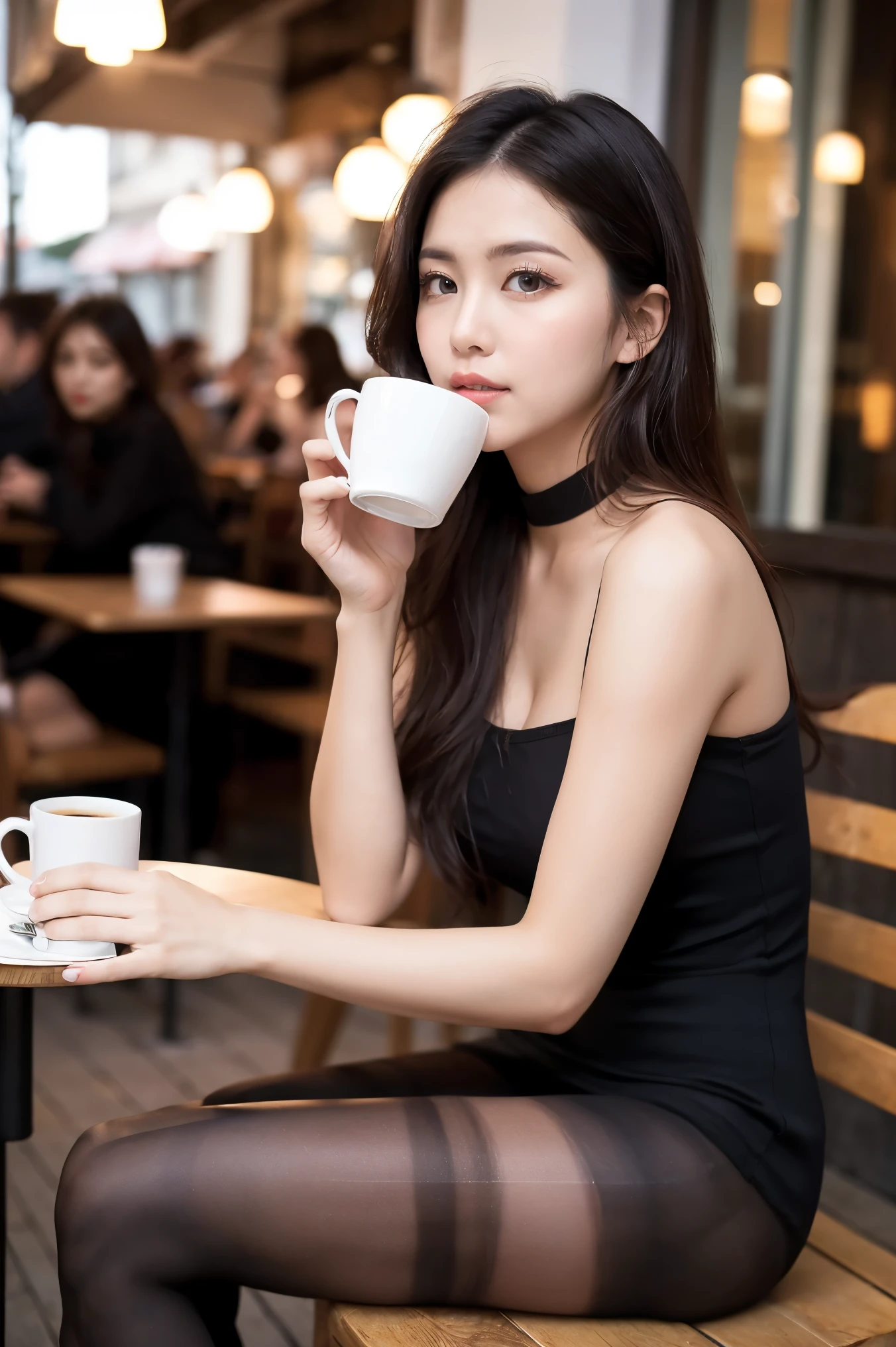 Astonishingly beautiful girl、Drinking coffee at a cafe、(Classy fashion、Elegant maxi dress)、(Ultra-realistic pantyhose:1.3)、A sulky expression、((Bare thighs))
