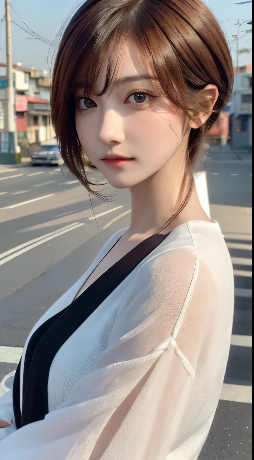 masterpiece, 1 beautiful girl, detailed, Swollen eyes, highest quality, 超A high resolution, (reality: 1.4), original photo, 1 girl, movie lighting, (laughter:0.6), Japanese, Asian Beauty, Korean, Proper, very very beautiful, a little young face, beautiful skin,orange hair、 slender and big, black sweater、cyberpunk background, (Ultra-realistic), (enlightenment), (High resolution), (8k), (Very detailed), (The best enlightenmentns), (Beautifully detailed eyes), (Super detailed), (wallpaper), (Detailed face), looking at the viewer, Detailed, detailed face、deep shadow、Inconspicuous、Pure erotic face ace_v1、46 point diagonal bangs、look straight ahead、neat clothes、black eyes、