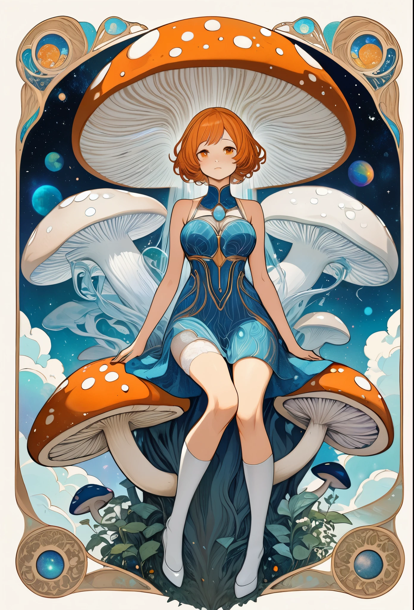 beautiful, elegant, graceful, award-winning art, 1girl, (style of Yuko Shimizu:1.4), (abstract art:1.2), style of rebecca guay, white hair, blue eyes, cosmic dress, cosmic beauty, in space, nebula, visually stunning, gorgeous, art nouveau, 60s anime style, psychedelic, centerfold pose, 18 year old girl, revealing white lingerie, sitting on a giant mushroom, purple and blue color palette, lush, foliage, ornate, dreamy, trippy, art nouveau, realistic depiction, nami, orange eyes, orange hair, big tits, thigh highs,
