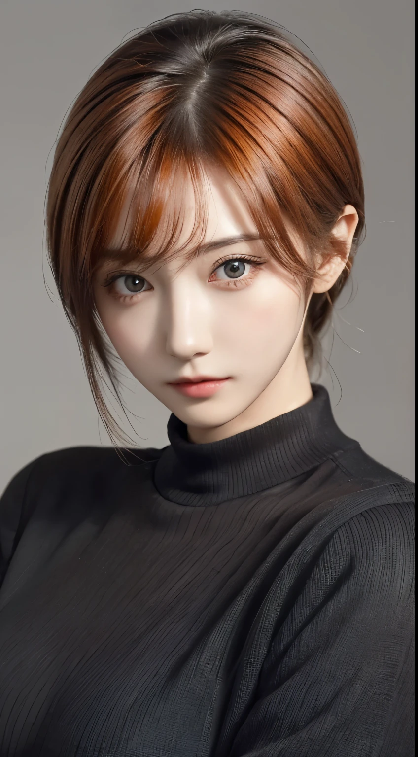 masterpiece, 1 beautiful girl, detailed, Swollen eyes, highest quality, 超A high resolution, (reality: 1.4), original photo, 1 girl, movie lighting, (laughter:0.6), Japanese, Asian Beauty, Korean, Proper, very very beautiful, a little young face, beautiful skin,orange hair、 slender and big, black sweater、cyberpunk background, (Ultra-realistic), (enlightenment), (High resolution), (8k), (Very detailed), (The best enlightenmentns), (Beautifully detailed eyes), (Super detailed), (wallpaper), (Detailed face), looking at the viewer, Detailed, detailed face、deep shadow、Inconspicuous、Pure erotic face ace_v1、46 point diagonal bangs、look straight ahead、neat clothes、black eyes、