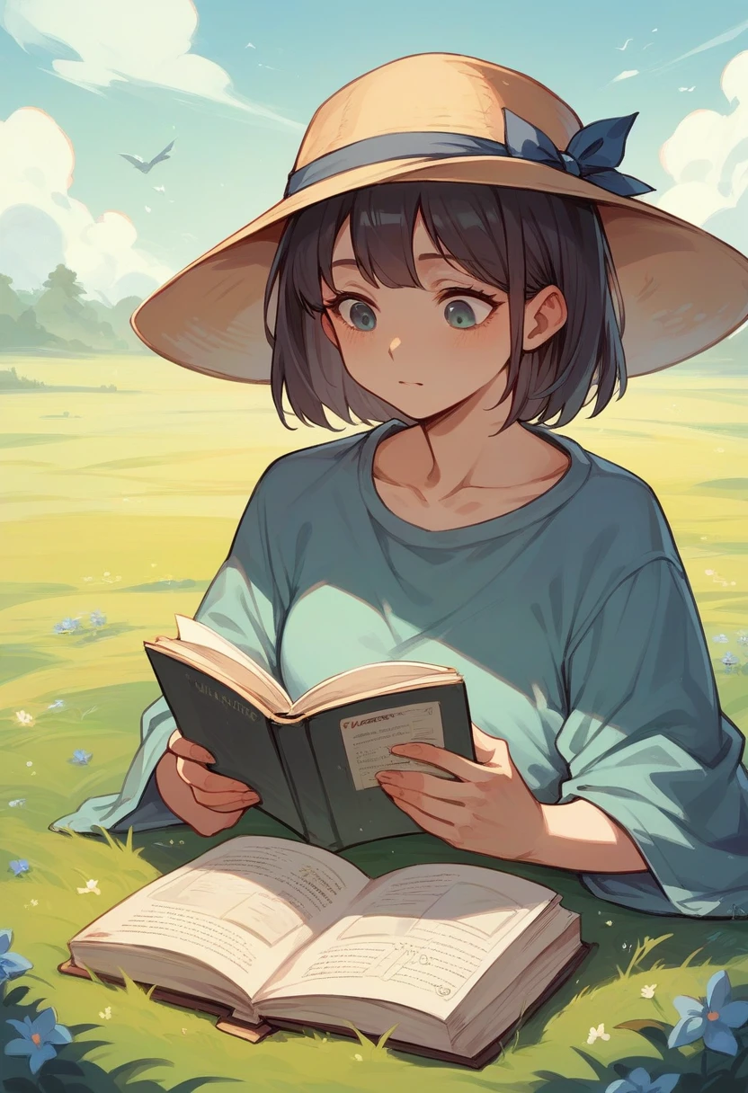 Create the image of a woman reading a diary, in the background a field