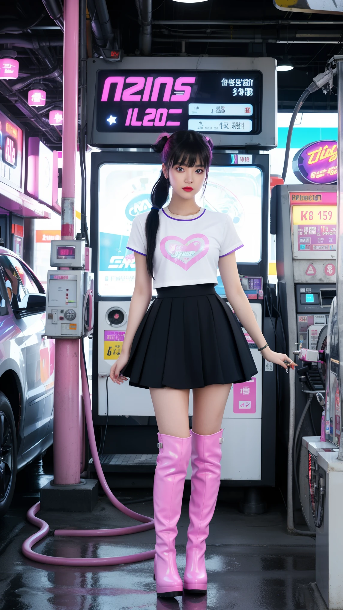 futuristic young woman, The dazzling costume、in a surreal atmosphere々Standing, Neon lights shine at the gas station. Gasoline pump, adorned with star, Floating in the air, The hose swings playfully. Vibrant pink and purple hues spread, Creates a surreal and otherworldly atmosphere, Monitiered layered skirt, Pink Boots, White pink heart print top, Unusual fashion choices, Black low ponytail with bangs