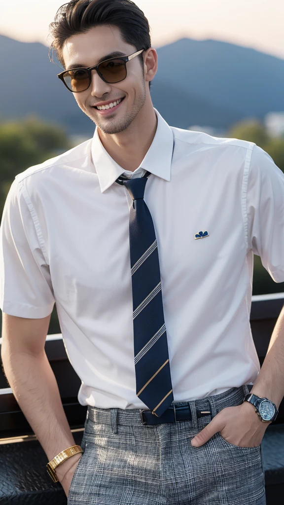 He is tall, handsome, young, and thin. He has fair skin and a sunny disposition. The background is a sunset. He is wearing a white shirt, a black and blue plaid tie, and dark blue pants. He has a gold watch on his left wrist and is smiling at me. He is clean-shaven and Asian. He is wearing yellow sunglasses.