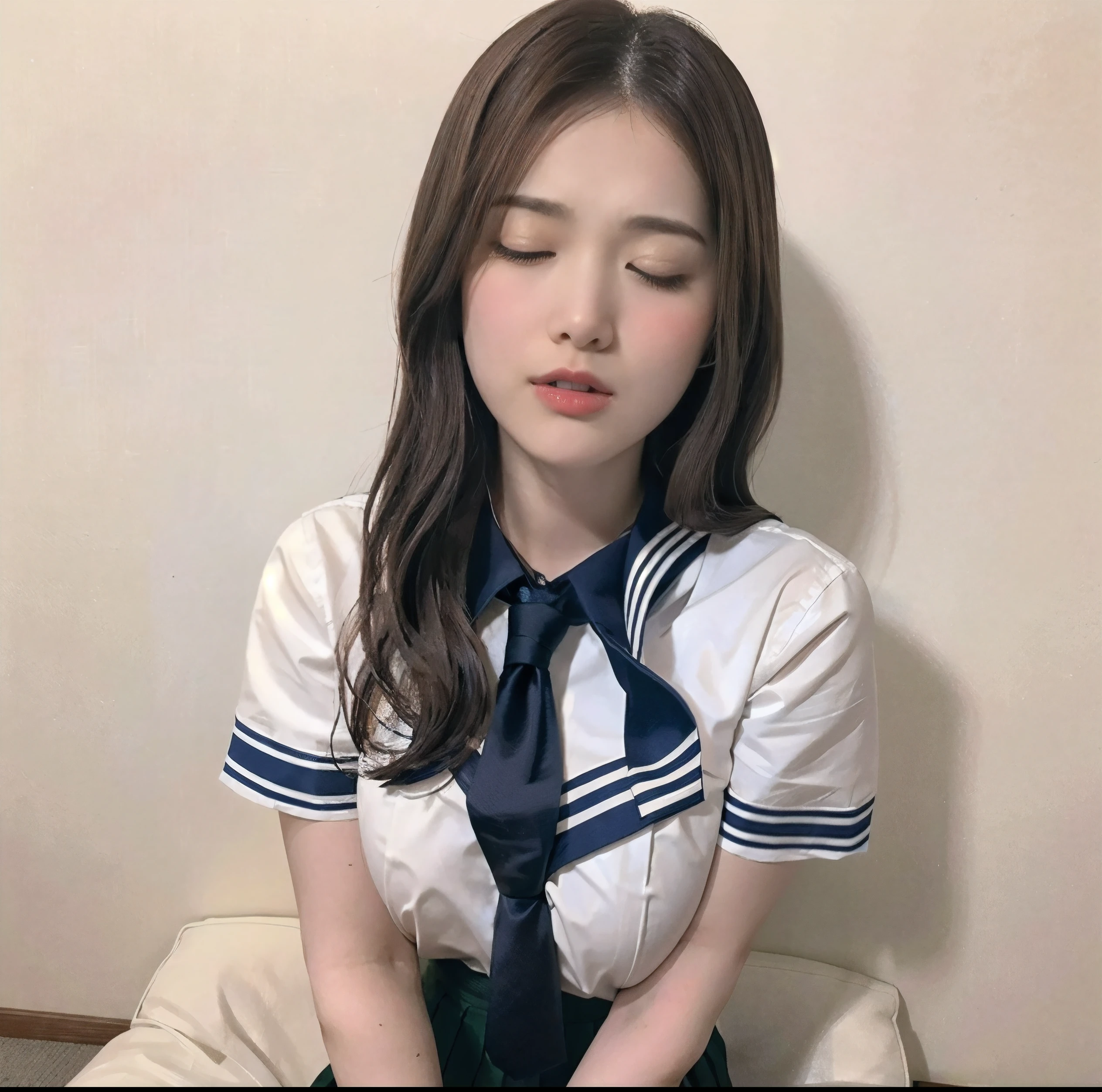8K quality, Masterpiece, Bright lighting without shadows, Two women with Super big breasts standing side by side, (Super big breasts compressed in clothing:1.2), Whitening skin, Sparkling Blue Eyes, (Deep crimson sailor collar uniform), Pleated skirt, Above the knee, (Super big breastsを手で服の上から握り潰している:1.2), A posture where the waist is bent forward to emphasize super big breasts, White panties, Breast Grab, Eyes closed and mouth open, Super big breasts