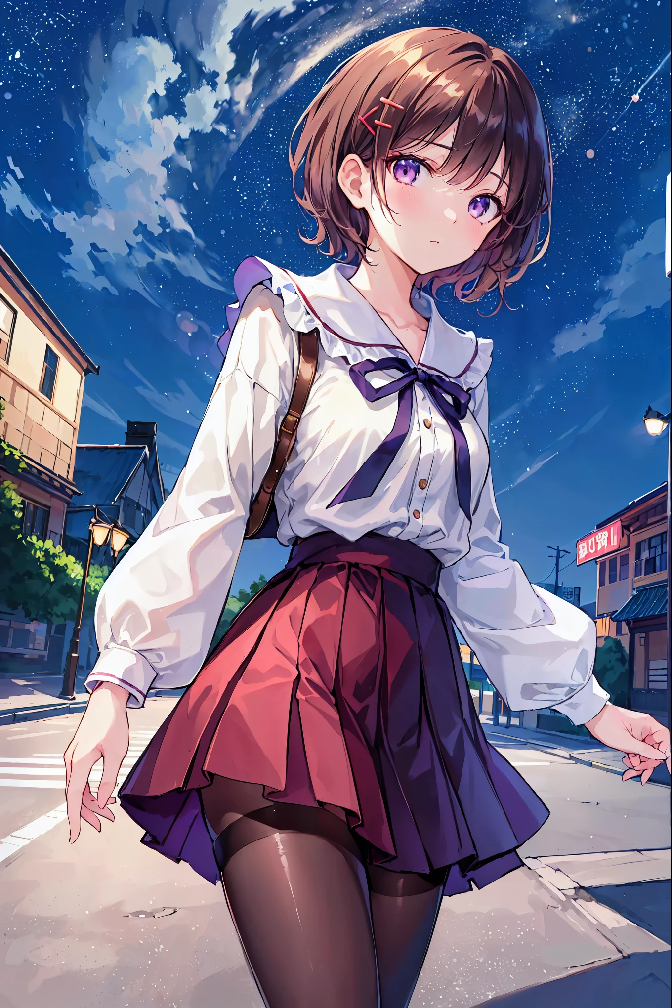 alone立っている女の子, As if chosen from a debate, In a bustling city bathed in the setting sun, beautiful expressions of light, Vibrant colors that leave an impression,
Put your hands in your pockets, Girl's profile, Wearing a seraph, avert your eyes, Glitter effect, (Depth of written boundary, Bokeh:1.2), walk,
High resolution, Very detailed, Highest quality,((Loose dog collar)),Highest quality, High resolution, One person, Higuchi Madoka, pantyhose, skirt, Brown Hair, Mole under eye, Mole, hair ornaments, Hair Clip, pleated skirt, short hair,, Long sleeve, bangs, sweater, miniskirt, black sweater, black pantyhose, grey skirt, Collared shirt, Purple eyes, Portraiture,face,face focus,close,((One person)),(Perfect hands:1.2),(Perfect Anatomy:1.2),(masterpiece:1.1), (Highest quality:1.1), ((beautiful細部までこだわった目: 1.6)),,((Very detailed face,perfect face)),Browsing Caution,beautiful, masterpiece, Highest quality, extremely detailed face, Perfect lighting, One person, alone, (Absurd), (Super detailed, 8k, ultra High resolution:1.2), Mid-chest, expressionless face, face focus, On the shoulder, from the front, It's snowing outside, Detailed Background, beautiful stars,Floating Hair, Outdoor, Wind,Outdoor,Small breasts,Flat chest,Brown Hair,Shortcuts,Messy Hair,Slender beauty,Beautiful feet,