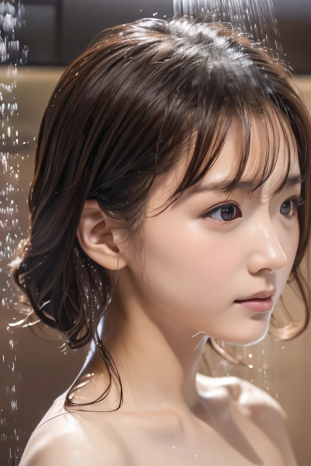 (Girl taking a shower:1.3), (:1.3), (Highest quality:1.4), (Very detailed), (Very detailed美しい顔), naked, (Baby's physique:1.2), Great face and eyes, iris, (Flat Chest:1.5), (Skinny body type:1.5), (look up:1.5), (Face close-up:1.2), (From the side:1.3), Hotel Bathroom, Hot water comes out from the ceiling, Smooth, Very detailed CG synthesis 8k wallpaper, High-resolution RAW color photos, Professional photography, Light, BackLight, dream-like, impressive, Written boundary depth