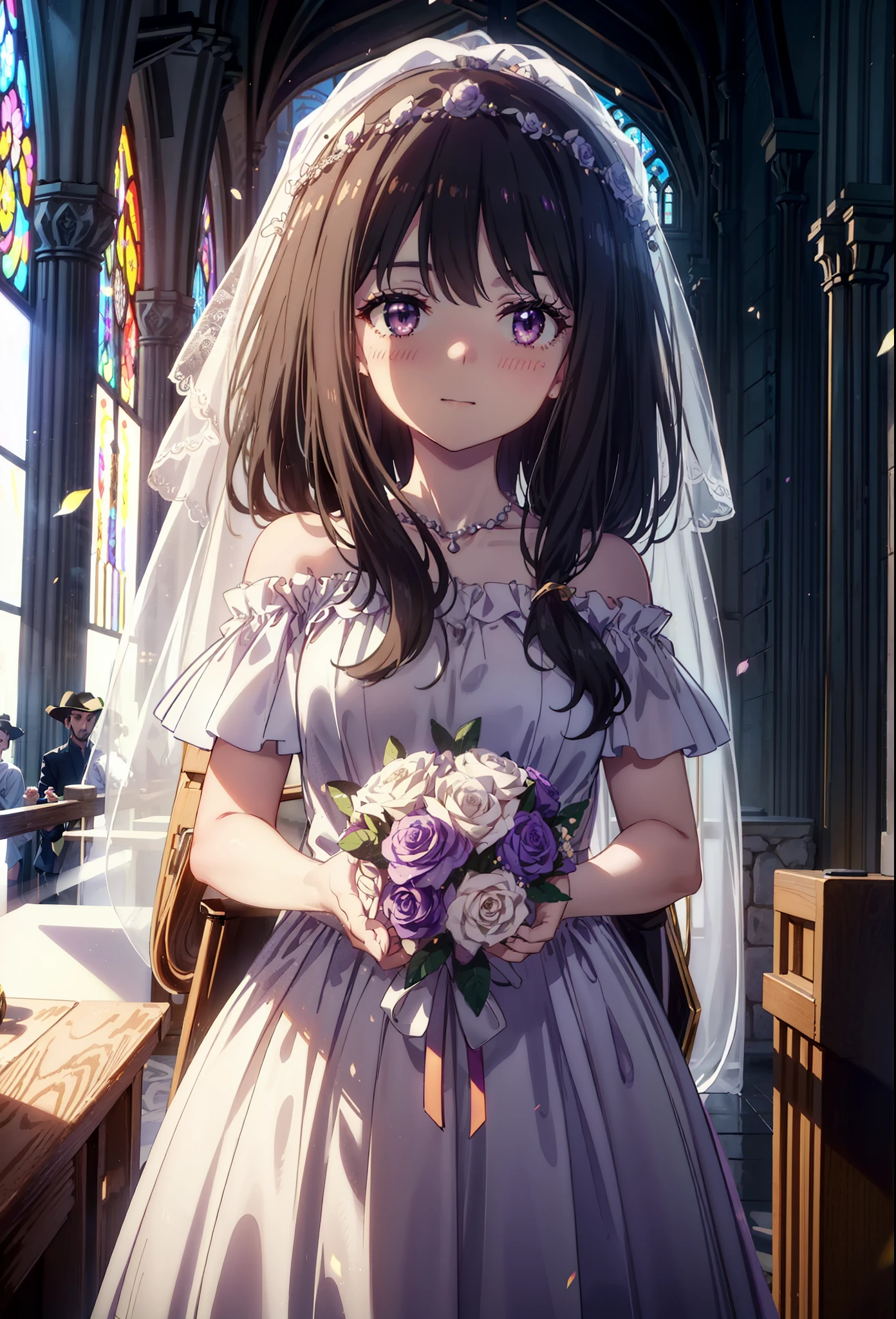 Takiuchikami, Long Hair, bangs, Black Hair, (Purple eyes:1.2),Veil,Off-the-shoulder white wedding dress,necklace,Veil,White Wedding Long Skirt,holding a bouquet of flowers in both hands,smile,blush,It's like being completely immersed in an illustration.,Daytime,sunny,
break indoors, Chapel,church,
break looking at viewer, Upper Body,(Cowboy Shot:1.5),
break (masterpiece:1.2), Highest quality, High resolution, unity 8k wallpaper, (shape:0.8), (Beautiful attention to detail:1.6), Highly detailed face, Perfect lighting, Highly detailed CG, (Perfect hands, Perfect Anatomy),