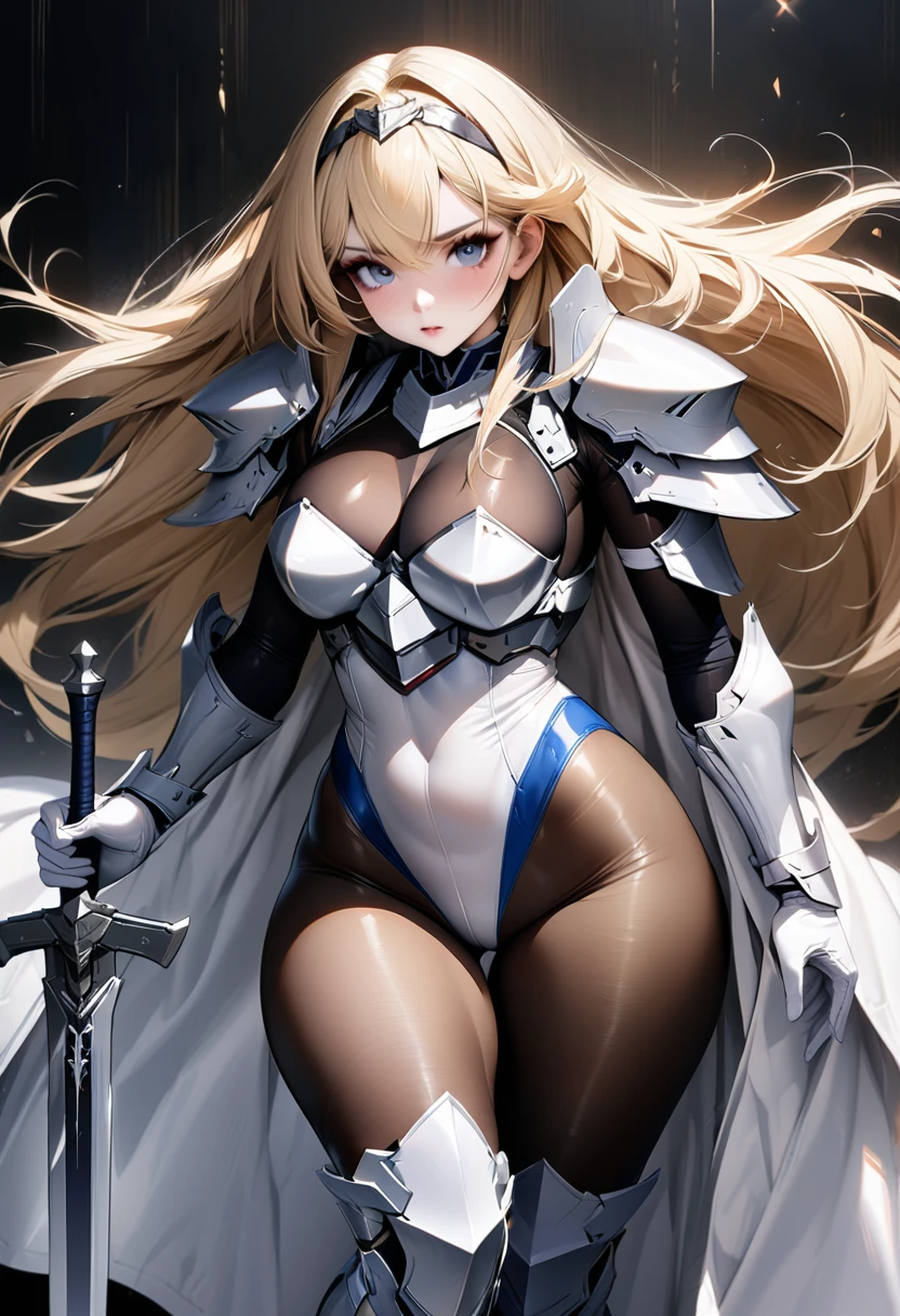 ((highest quality)), ((masterpiece)), ((hyperrealistic)), (solo), 1girl, 18 years old, ((curvy)), ((Tight and digging into the skin: 1.2)), perfect face, ((Azur Lane)), ((armored dress)), ((white paladin armor)), ((skin-tight pantyhose leotard: 1.4)), ((white knight armor breastplate)), ((skin-tight black Investigator Bodystocking)), ((large pauldron)), (white long gauntlet gloves), metal circlet hair band, ((Blonde long straight hair)), ((Big chest that looks like it's going to burst under pressure)), (pantyhose thighs), ((Knee-high boots on the white tight skin that digs into it)), (high heel boots), ((see through cleavage cutout)), ultra high leg cut Coat of arms leotard, zettai ryouiki, Perfect and beautiful dark blue eyes, Perfect hands, perfect fingers, A divinely shining legendary sword, holding a sword, makeup, cowboy shot, A dashing attack