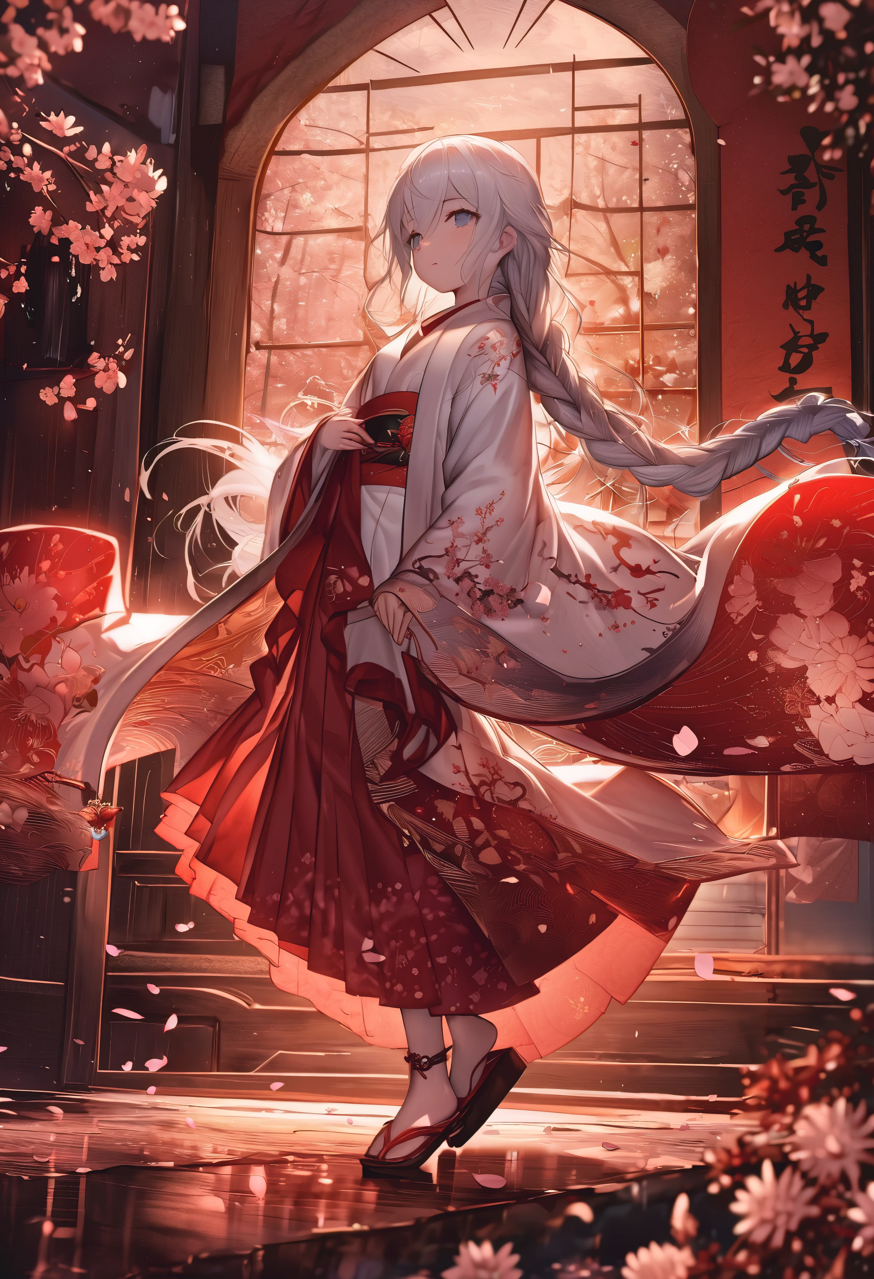 (full body), (solo), (A :1.2), (very young little girl), , (Solo), (small breast), (wide angle), raw photo, Aesthetic, Convoluted, Awarded, chiaroscuro, Best Quality, Detailed background, (Misty atmosphere:1.2), (hard rainy day:1.1),((Girl in very long shrine maiden:1.2)), detailxl, In the throes of a tempestuous night, the rain falls in torrents, painting the world in shades of silver and darkness. Amidst the deluge, a young girl appears, a figure of enchantment, her silhouette a stark contrast to the storm's fury. She is adorned in a Japanese shrine maiden costume, a miko-zukuri, that is an opulent display of elegance and tradition.

The miko-zukuri is a vision of grandeur, with the haori, an outer garment, extending its hem to the ground, flowing like a river of pristine white silk. The fabric is of the highest quality, its texture smooth and supple, caressing the contours of her form as she moves with the grace of a willow in the wind. The haori is embroidered with delicate motifs of cherry blossoms and chrysanthemums, symbols of spring and autumn, respectively, their petals intricately stitched with threads that glimmer with the subtlest hint of mother-of-pearl.

The hakama, a traditional skirt, is elongated to match the haori, its hem sweeping the ground with each step, creating a sound akin to rustling leaves. The hakama is a deep, rich crimson, the color of a heart's passion, and it is adorned with a brocade pattern that is a dance of light and shadow, the threads shimmering with a metallic sheen that catches the fleeting flashes of lightning.

Her hair is styled in a traditional manner, with a long, flowing braid that cascades down her back, secured with a white ribbon that is embroidered with delicate cherry blossoms. The ribbon flutters with each movement, a dance of its own, adding to the overall elegance of her appearance.

Around her waist, she wears an obi, a wide sash that is a tapestry of colors and patterns, its design