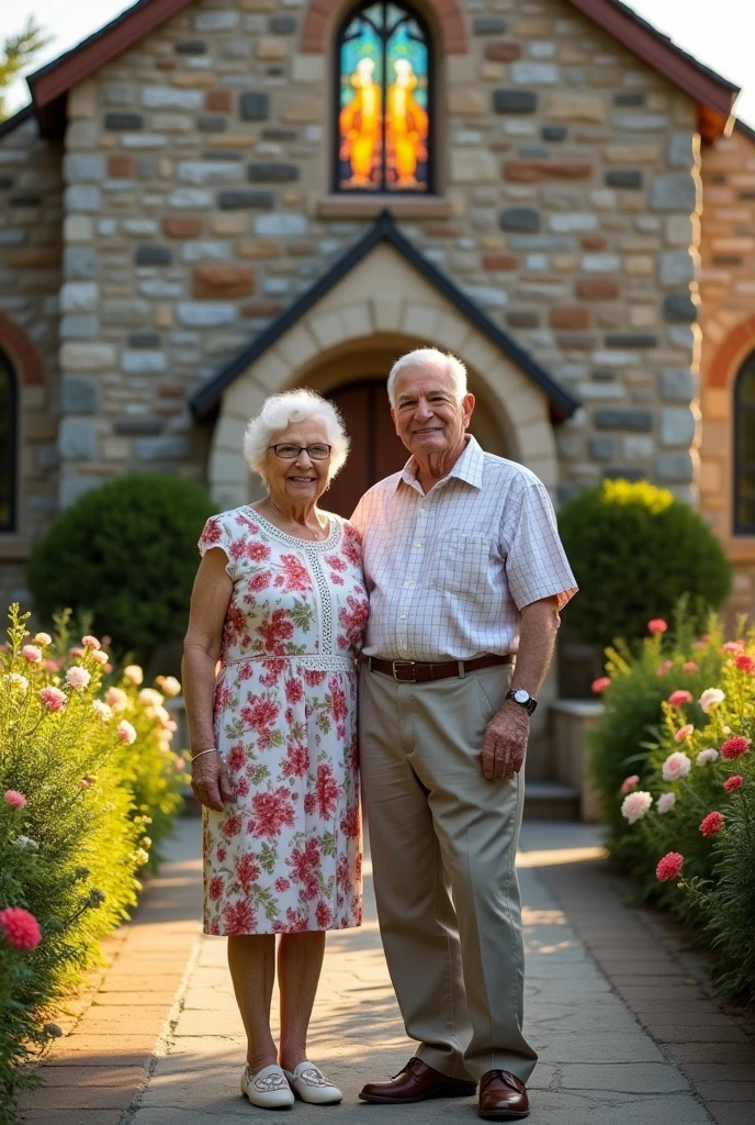 a grandparents standing at the church realistic picture wearing shoes