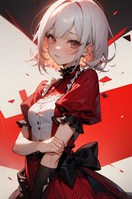 Short white hair, blush, Lace dress、Punk Fashion、Headbang 2.、Red clothes、