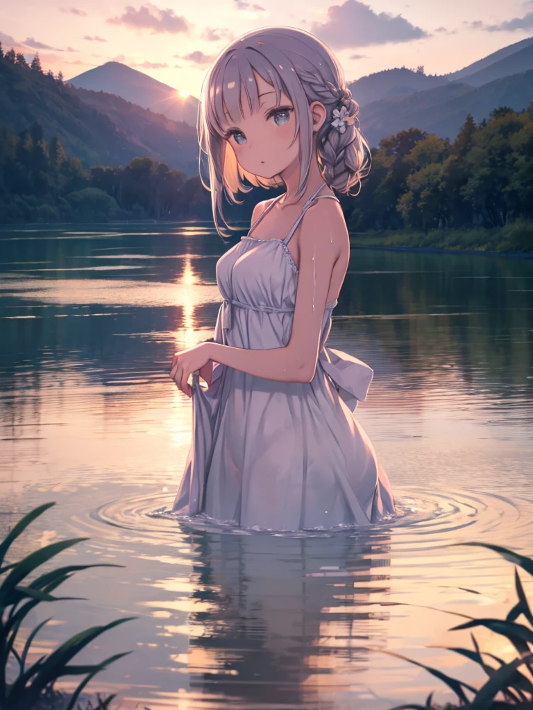 She is wearing a white dress but taking a bath in the river., Get wet, Have fun, No makeup, Rural Scenery, sunset,